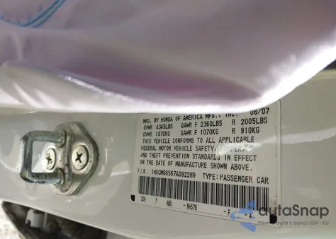 2007 Honda Accord 3.0 Ex из США, поврежденный, VIN 1HGCM66567A092289